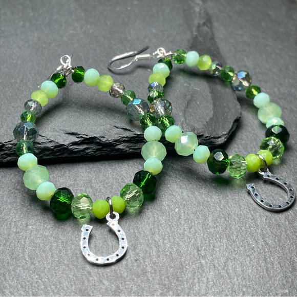 Artisan Jewelry - Lucky Horse Shoe Green Czech Crystal Hoop Earrings